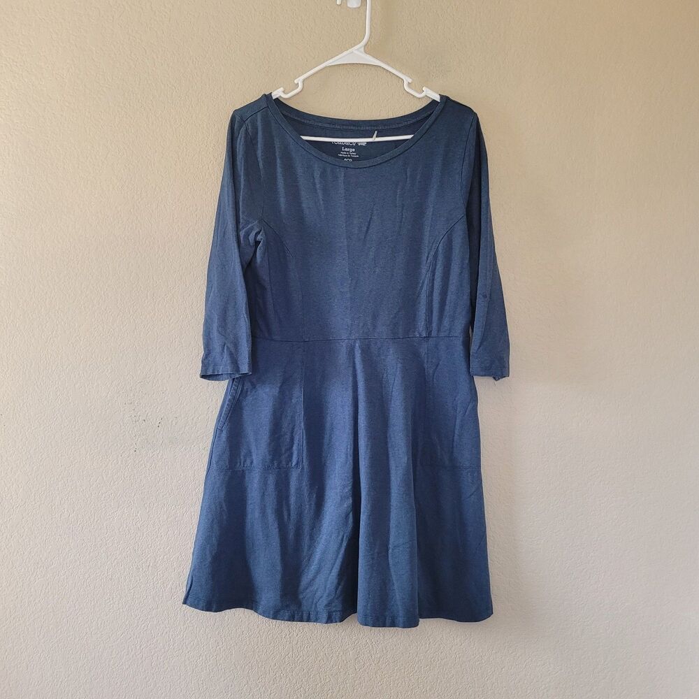 Toad & Co Womens Large Dress Blue Long Sleeve Fit Flare Pockets Organic Cotton